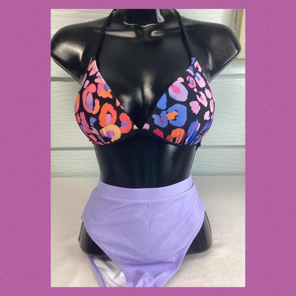 Multicolored top with purple bottom, two piece swimsuit.6